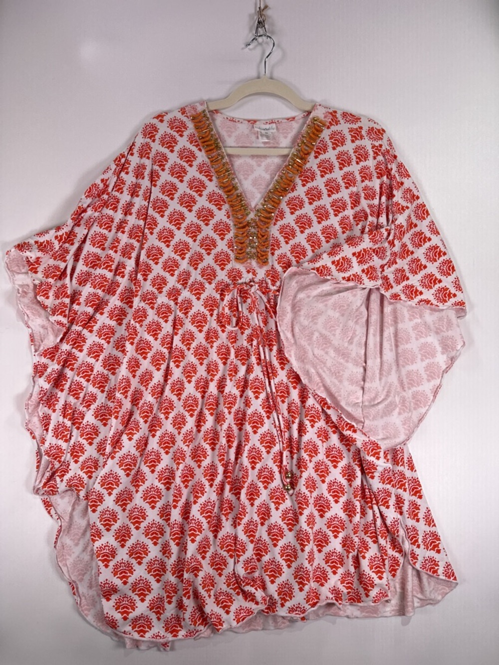 Cabana Life Beaded V-Neck Drawstring Medallion Cover Up Tunic Orange White M - Picture 3 of 12